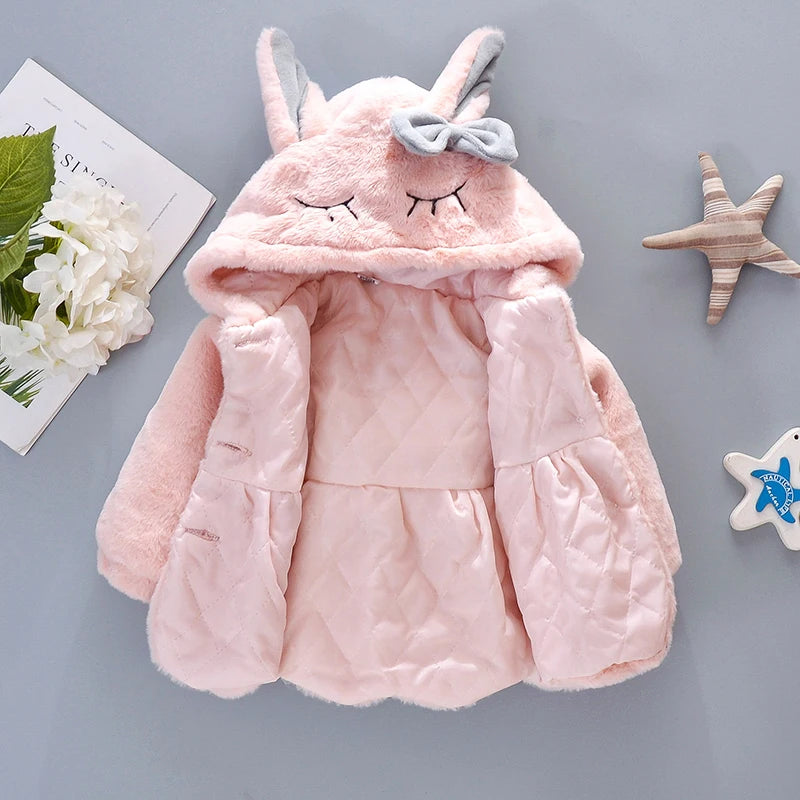 Cute Rabbit Ears Plush Baby Jacket Christmas Sweet Princess Girls Coat Autumn Winter Warm Hooded Outerwear Toddler Girl Clothes