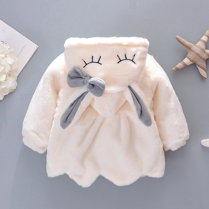 Cute Rabbit Ears Plush Baby Jacket Christmas Sweet Princess Girls Coat Autumn Winter Warm Hooded Outerwear Toddler Girl Clothes