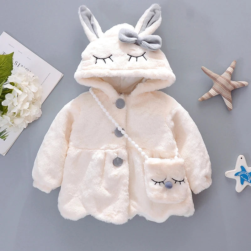 Cute Rabbit Ears Plush Baby Jacket Christmas Sweet Princess Girls Coat Autumn Winter Warm Hooded Outerwear Toddler Girl Clothes