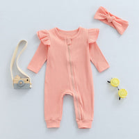 Solid Knitted Zipper Romper with Headband