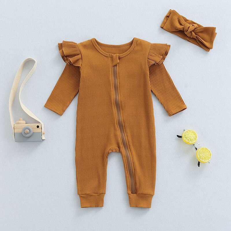 Solid Knitted Zipper Romper with Headband