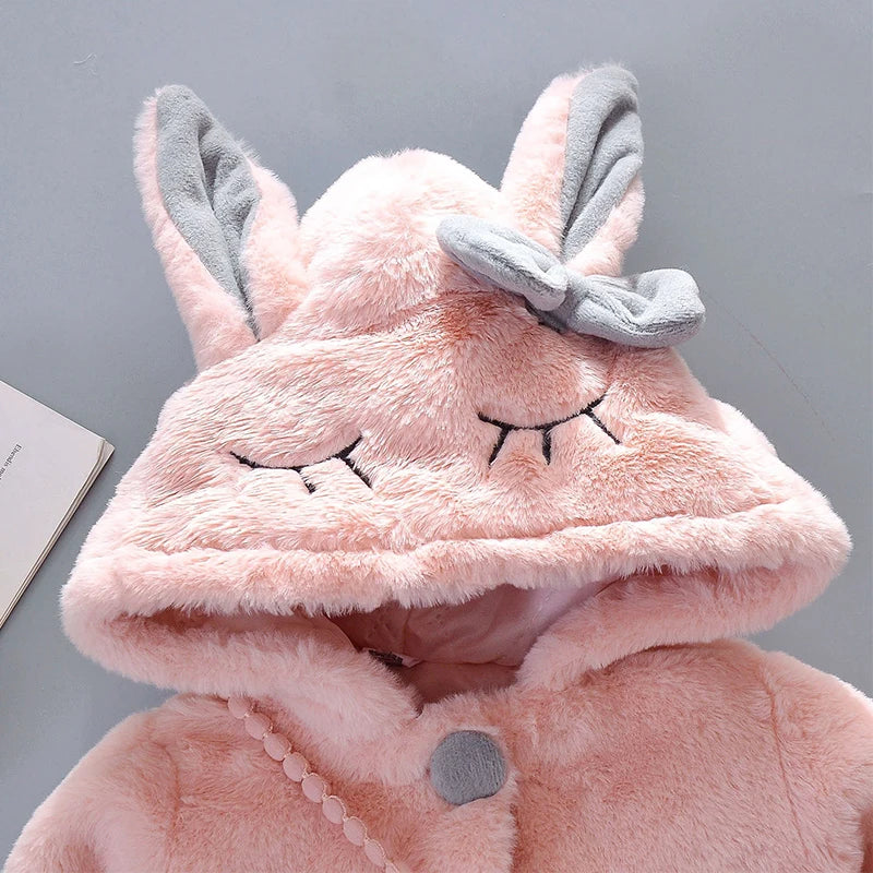 Cute Rabbit Ears Plush Baby Jacket Christmas Sweet Princess Girls Coat Autumn Winter Warm Hooded Outerwear Toddler Girl Clothes