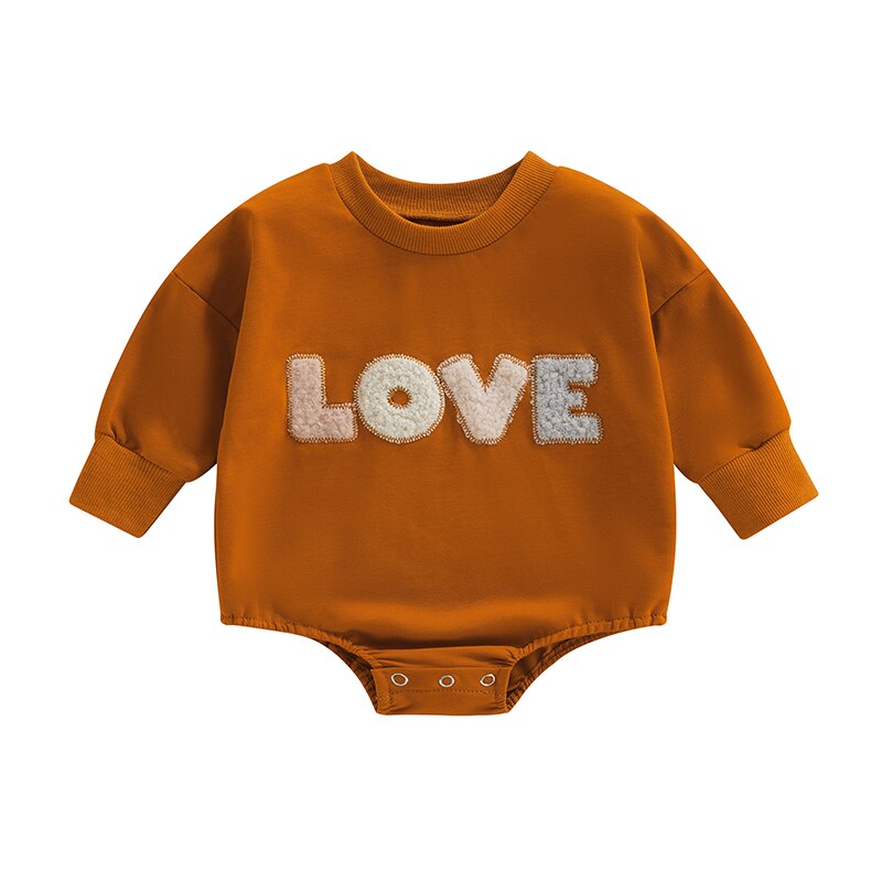 LOVE Plush Letter Embroidery Long Sleeve Romper