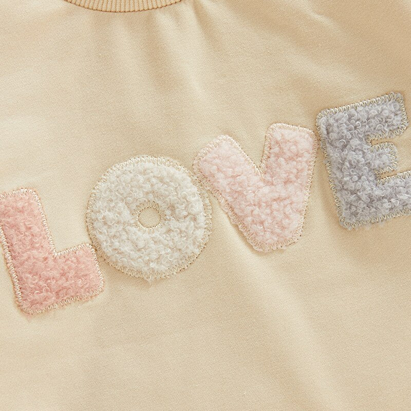 LOVE Plush Letter Embroidery Long Sleeve Romper