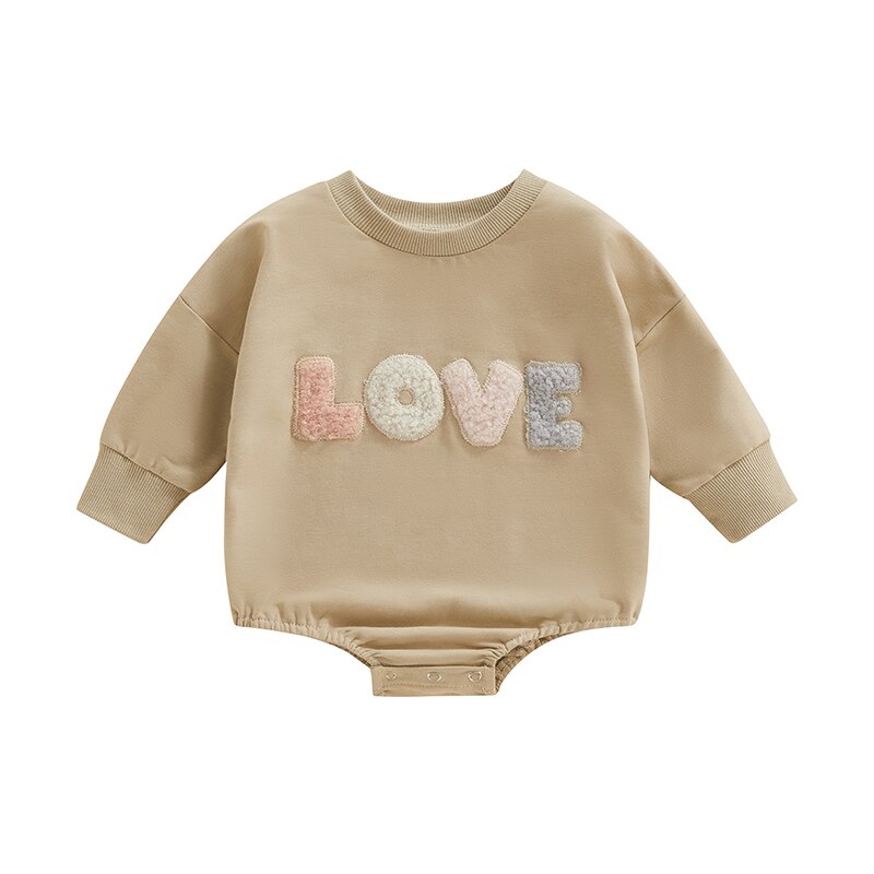 LOVE Plush Letter Embroidery Long Sleeve Romper