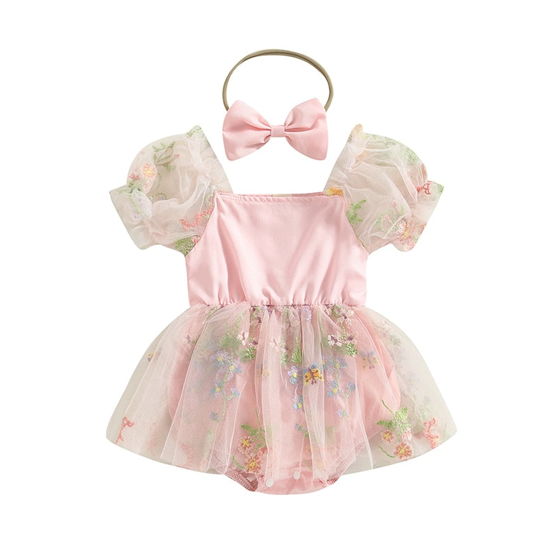 Flower Embroidery Dress With Headband - Bubba Kids Pink / 6M