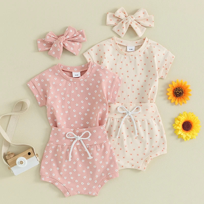 Infant Floral Print Clothing Set with Shirt, Shorts, and Bow