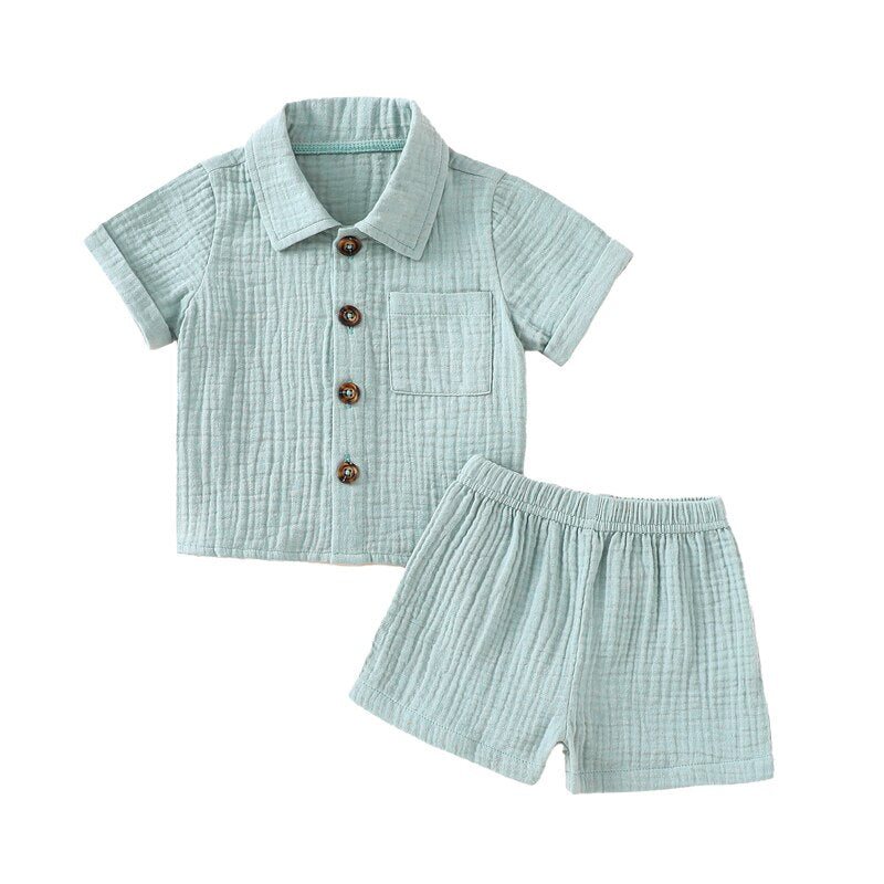 Cotton Linen Short Sleeve + Shorts Set - Bubba Kids Baby blue / 0-6 Months