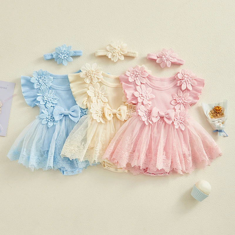 Princess Lace Flower Embroidery Romper with Matching Headband