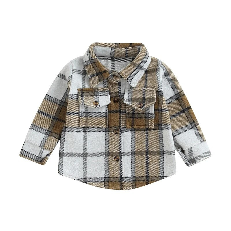 Fashionable Plaid Jacket with Buttons - Bubba Kids Brown / 2T