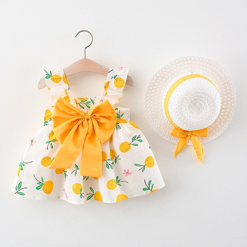 Summer Princess Dress Set + Sunhat - Bubba Kids Yellow/White / 6 to 12M