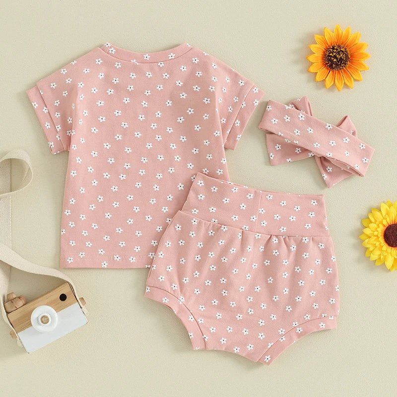 Infant Floral Print Clothing Set with Shirt, Shorts, and Bow