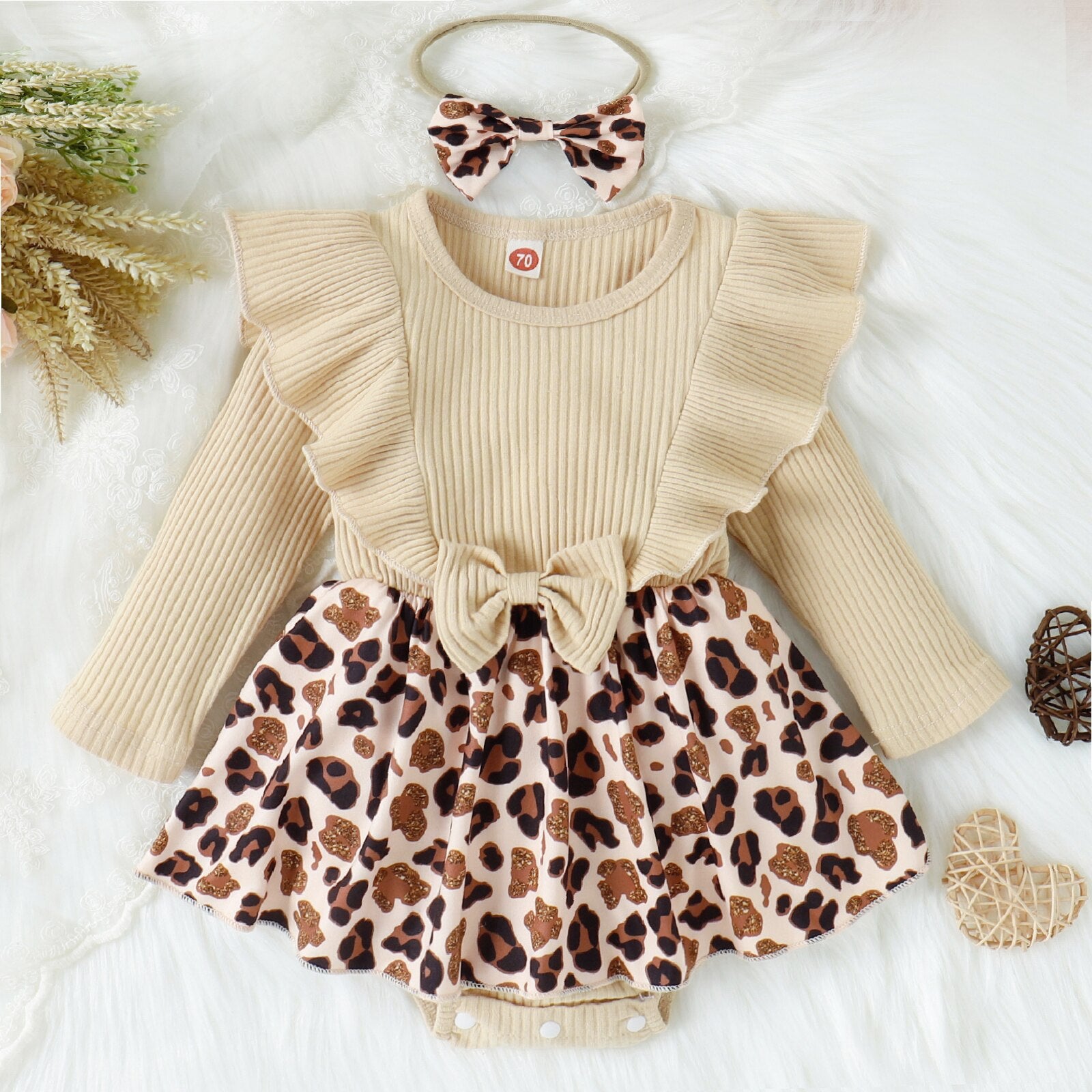 Leopard/Cow Print Long Sleeve Ribbed Bowknot Romper with Headband