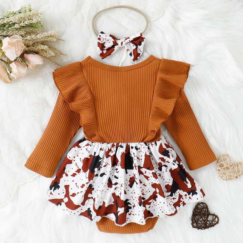 Leopard/Cow Print Long Sleeve Ribbed Bowknot Romper with Headband
