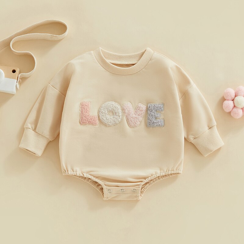 LOVE Plush Letter Embroidery Long Sleeve Romper