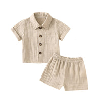 Cotton Linen Short Sleeve + Shorts Set - Bubba Kids Beige / 0-6 Months