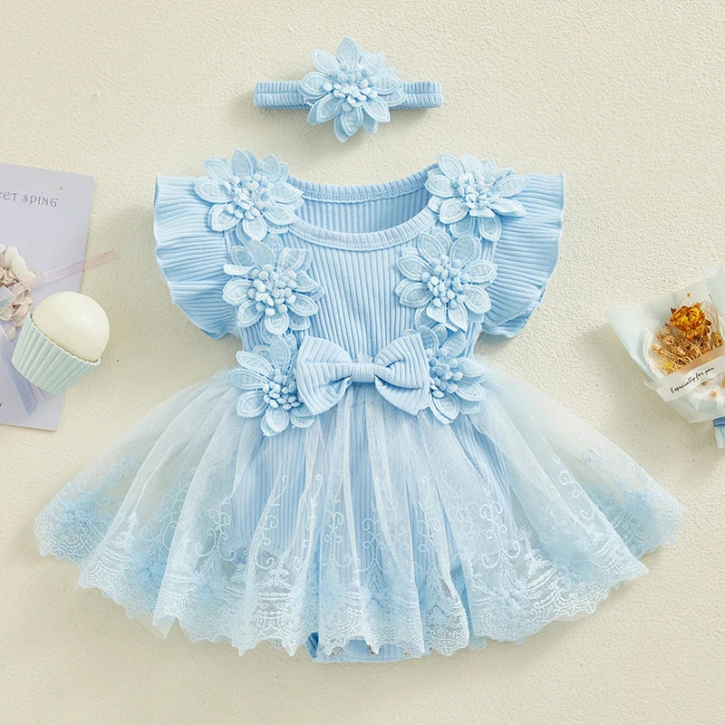 Princess Lace Flower Embroidery Romper with Matching Headband