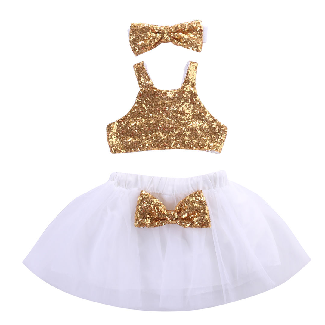 Glittery Gold Skirt Set with Headband - Bubba Kids