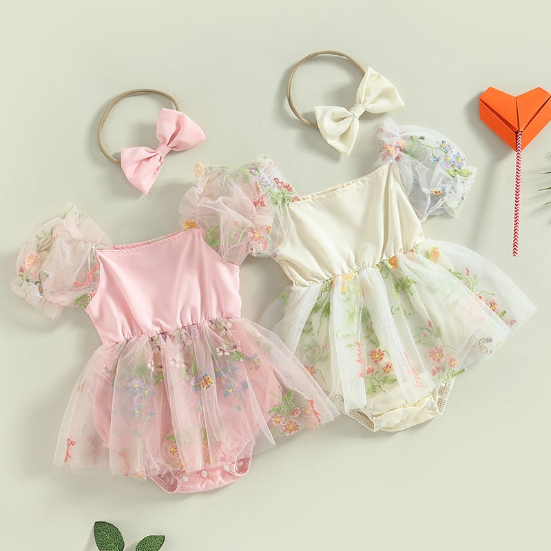 Flower Embroidery Dress With Headband - Bubba Kids