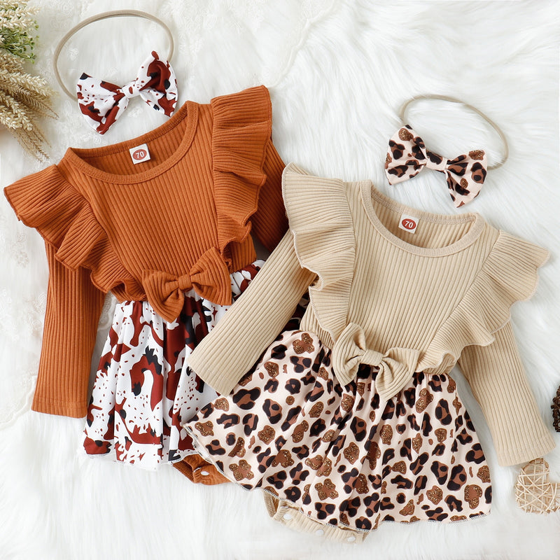 Leopard/Cow Print Long Sleeve Ribbed Bowknot Romper with Headband